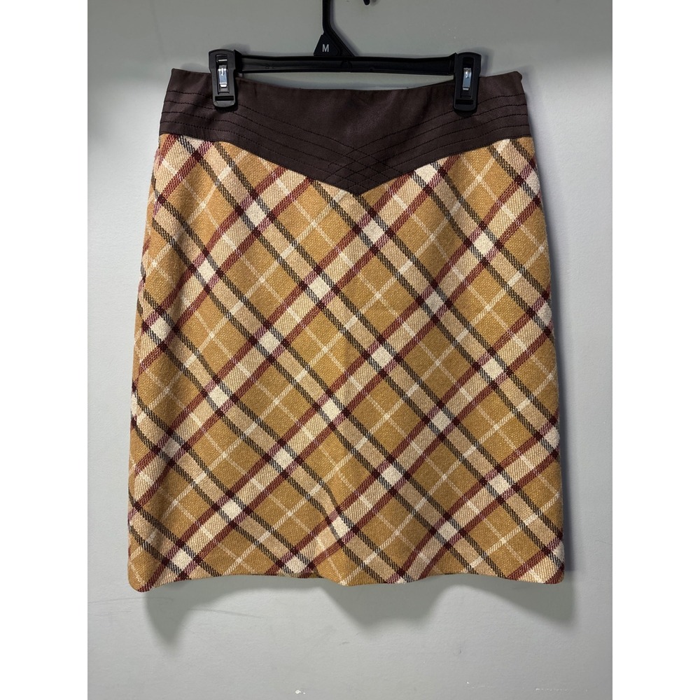BCBGMAXAZRIA Y2K Vintage Plaid Wool Blend Metallic A Line Skirt Brown Tan Size 8